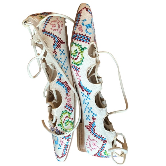 Billy Ella (Anthropologie) Lace Up Embroidered Cross Stitch Canvas Ballet flats - Picture 6 of 7